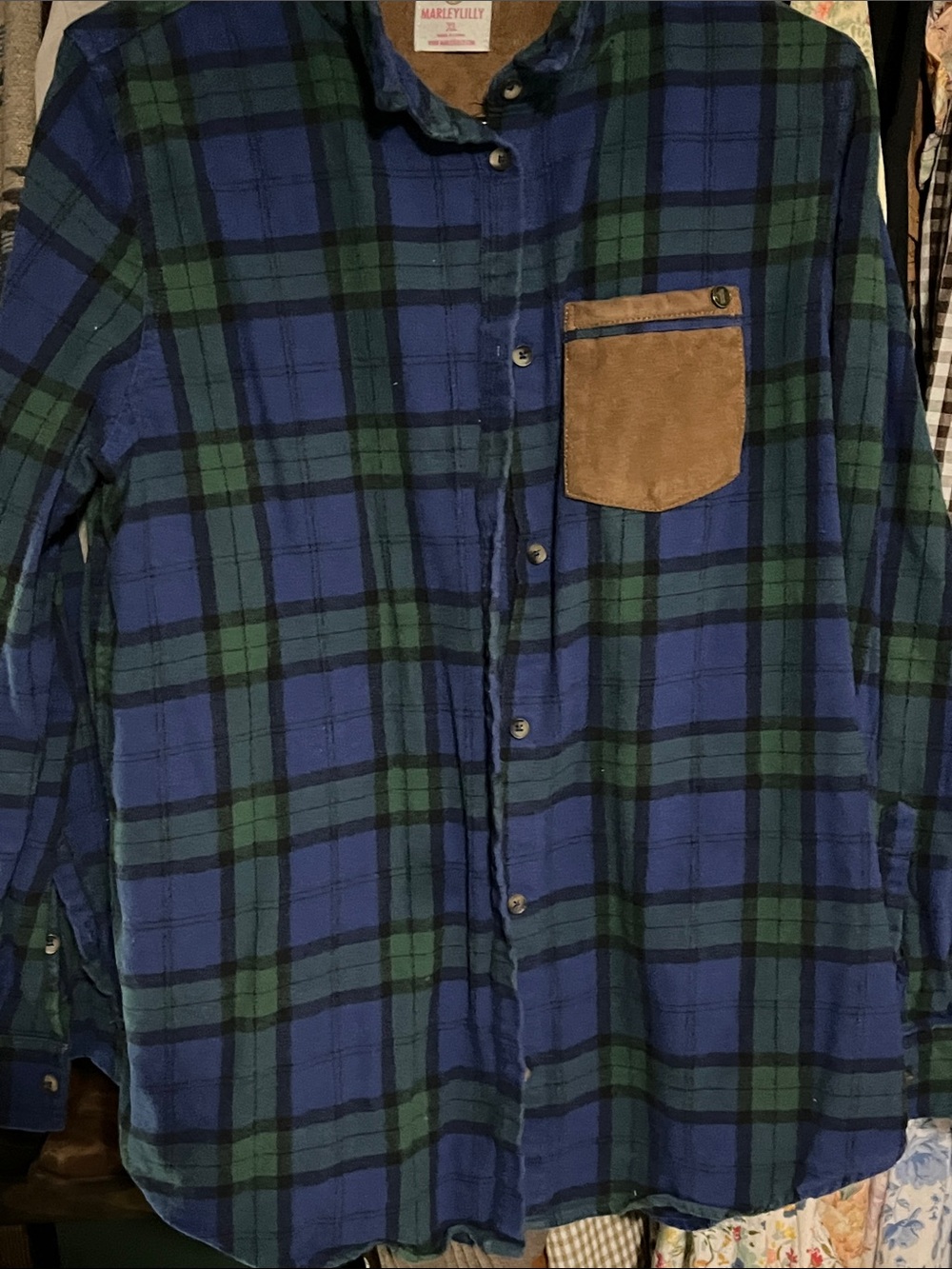 Plaid Button-Down Shirt in Blue & Green with Contrast Tan Pocket